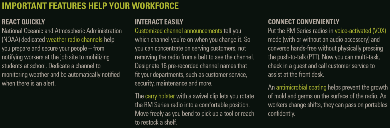 Motorola RMM2050 2-Way Radio Features