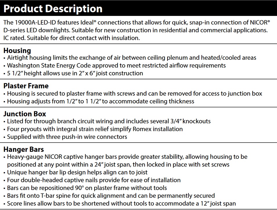 NICOR 19000A-LED-ID Housing Features